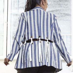 Plus Size, Linen, Striped, Denim, Grommet-Ring Blazer